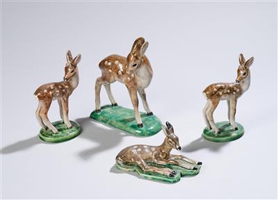 Eduard Klablena, four roe deer, model numbers: 534, 1134 and 1136 (original model names: “Reh, stehend”, “Rehkitz, stehend”, “Rehkitz, liegend”), Royal Belvedere and Keramos, Vienna, by 1949 - Secese a umění 20. století