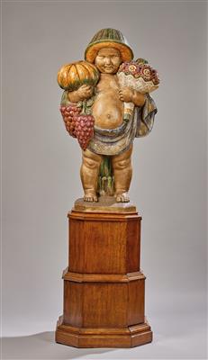 A large putto with pumpkin, grapes and a bouquet of flowers in the manner of Michael Powolny, designed in Austria, Germany, c. 1920 - Secese a umění 20. století