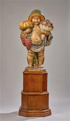 A large putto with pumpkin, grapes and a bouquet of flowers in the manner of Michael Powolny, designed in Austria, Germany, c. 1920 - Jugendstil e arte applicata del XX secolo