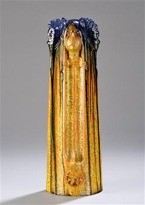 A tall Art Nouveau vase with two sculptural female faces and surrounding foliate ornaments, Bohemia, c. 1900 - Jugendstil and 20th Century Arts and Crafts