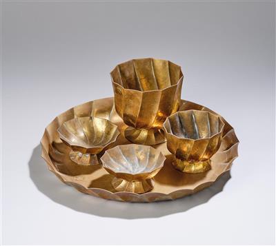 Josef Hoffmann, a complete smoking companion set: ashtray, cigarette tray, cigar tray and bowl (“Aschenschale”, “Zigarettenschale”, “Zigarrenschale”, “Tasse”), Wiener Werkstätte, 1923 - Jugendstil e arte applicata del XX secolo