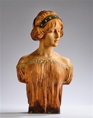 Montenave, a bust: girl with sideways knotted hair and diadem, designed in c. 1903, executed by Wiener Manufaktur Friedrich Goldscheider, by c. 1920 - Secese a umění 20. století