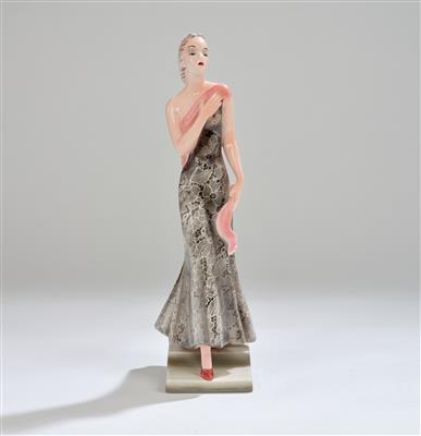 A slender lady striding, on a stepped rectangular base, designed in c. 1940, executed by Wiener Manufaktur Friedrich Goldscheider, by c. 1941 - Jugendstil e arte applicata del XX secolo