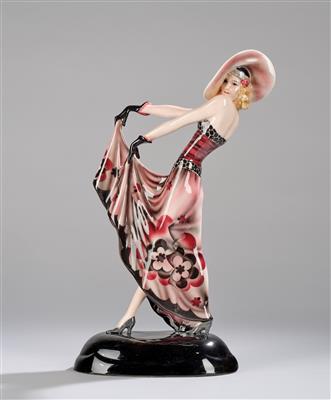 Stephan Dakon, a figurine “Blonder Traum” (Lilian Harvey as a striding lady with a large hat and gloves, lifting her dress with both hands) on an oval base, model number: 6551 F, designed in c. 1932, - Jugendstil e arte applicata del XX secolo