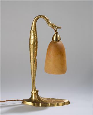 C. Ranc, a gilt bronze table lamp with a swan and a lamp shade by Daum, Nancy, c. 1925 - Jugendstil and 20th Century Arts and Crafts