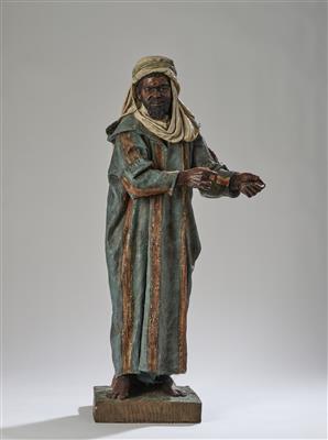 E. Tell (pseudonym, probably Ede or Eduard Telc), an Arab standing on a square base, model: c. 1896/97, executed by Wiener Manufaktur Friedrich Goldscheider, by 1910 - Secese a umění 20. století