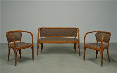 Gustav Siegel, two armchairs and a settee, model number: 715, designed in 1899, produced since 1899, addeed to the catalogue in 1902, executed by Jacob & Josef Kohn, Vienna - Jugendstil e arte applicata del XX secolo