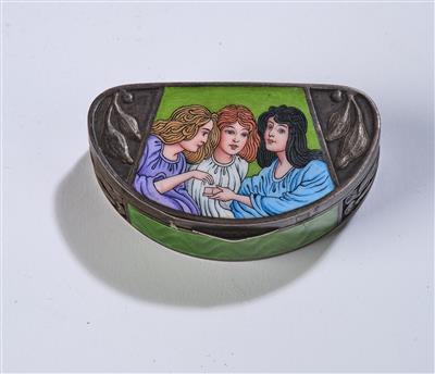 Josef Maria Auchentaller (Vienna 1865-1949 Grado), a silver box with coloured enamel depiction: three female figures with a box, designed in c. 1898, executed by Georg Adam Scheid, Vienna, by 1922 - Jugendstil e arte applicata del XX secolo