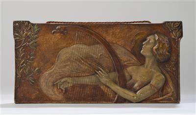 Lesca (or Leska), a wall relief: a young woman with harp and floral ornament, model number: 952 and 953, designed in c. 1897/98, executed by Wiener Manufaktur Friedrich Goldscheider, by c. 1910 - Jugendstil and 20th Century Arts and Crafts