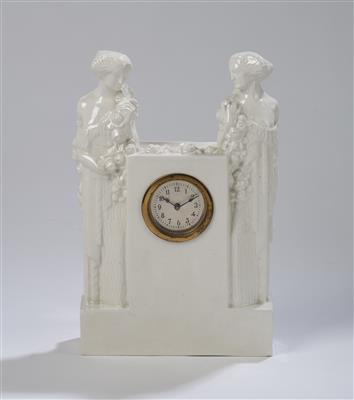 Michael Powolny, clock with two rose figures (clock with two girls with roses), WK model number: 318, model: c. 1911/12, executed by Wiener Keramik, and Vereinigte Wiener und Gmundner Keramik - Secese a umění 20. století