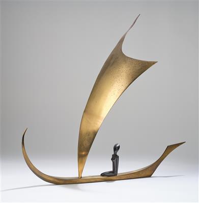 A sail boat with a female figure (“Boot aus Metall” or “Südseeboot”), model number: 3726, Werkstätten Hagenauer, Vienna - Jugendstil e arte applicata del XX secolo