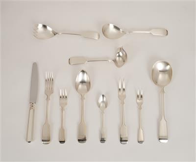 A silver cutlery set for six persons (36 pieces) with serving parts, model: “Alt-Spaten”, Robbe & Berking, Flensburg with original wooden case - Secese a umění 20. století