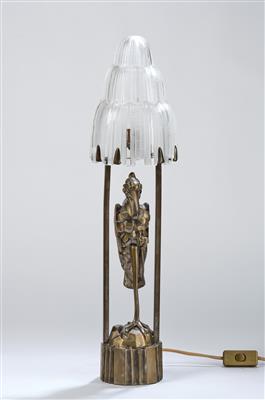 A table lamp with marabou in Art Déco style with a lamp shade by Marius Ernest Sabino, - Jugendstil e arte applicata del XX secolo