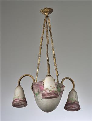 A ceiling lamp with three arms, and floral bronze mounts, Muller Fréres, Luneville, c. 1930 - Secese a umění 20. století