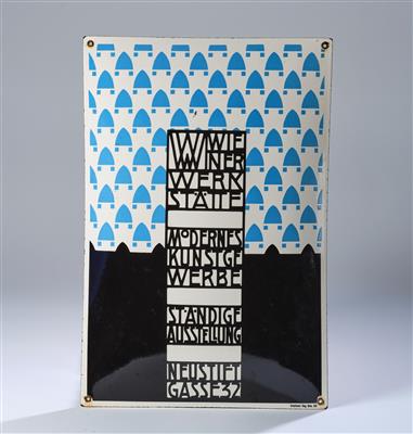 An enamel sign: Wiener Werkstätte - Modernes Kunstgewerbe - Ständige Ausstellung - Neustiftgasse 32, - Secese a umění 20. století