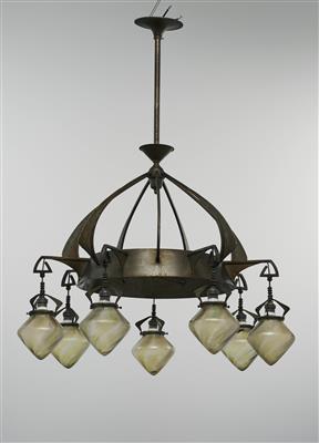 Große Deckenlampe im secessionistischen Stil mit sieben Lampenschirmen von Johann Lötz Witwe, Klostermühle, um 1912 - Jugendstil & Angewandte Kunst des 20. Jahrhunderts