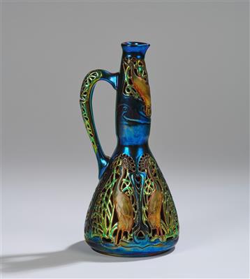 Henrik Darilek, a small jug with openwork side, black-crowned crane and arabesque decoration, model number 7826, model from November 1904-1906, executed by Zsolnay, Pecs - Jugendstil e arte applicata del XX secolo