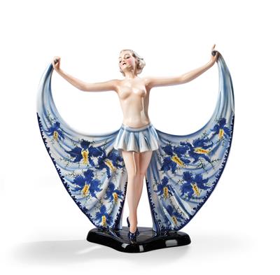 Josef Lorenzl, "Sonate" (a topless female dancer, holding her skirt open like the wings of a butterfly) on a triangular base, model number 8459, designed in around 1936, executed by Wiener Manufaktur Friedrich Goldscheider, by c. 1941 - Secese a umění 20. století