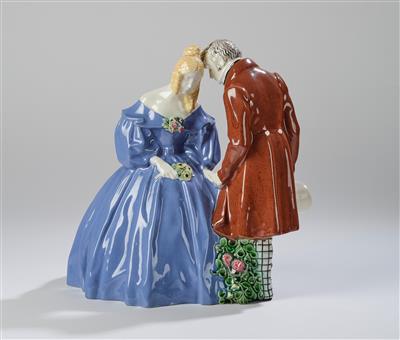 Michael Powolny and Bertold Löffler, amorous couple, WK model number: 80, designed in around 1910, executed by Vereinigte Wiener und Gmundner Keramik, by c. 1919 - Jugendstil e arte applicata del XX secolo