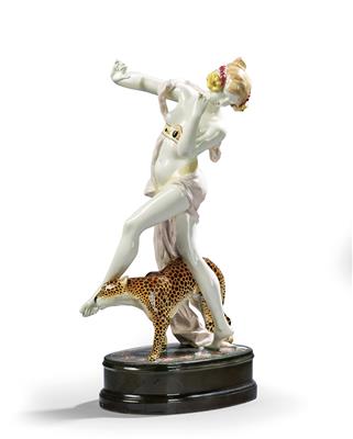 Podola (aka Stanislaus Czapek), a young woman dancing with a leopard (Bacchante), model number 4380, designed in around 1913, executed by Wiener Manufaktur Friedrich Goldscheider, by 1918/20 - Secese a umění 20. století