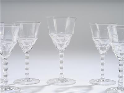 Seven white wine glasses and one red wine glass in the manner of Josef Hoffmann, probably Meyr’s Neffe, Adolf, c. 1910 - Secese a umění 20. století