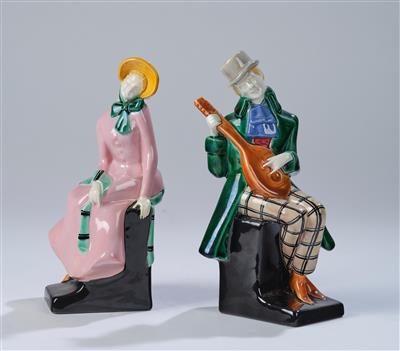 A two-piece seated ceramic group: a lady with hat and scarf and a gentleman with hat and mandolin, Keramische Werkstätte F. und E. Schleiss, 1907/08-1913 - Secese a umění 20. století