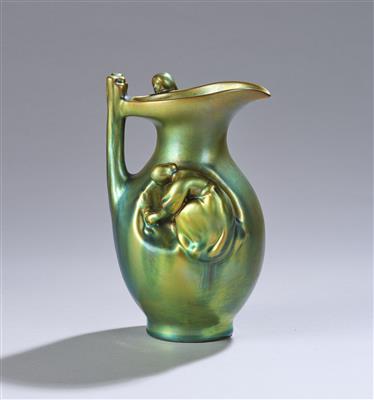A handled vase with two female figures, form number: 7766, designed in around 1906, executed by Zsolnay Pécs, c. 1930 - Sbírka Schedlmayer II