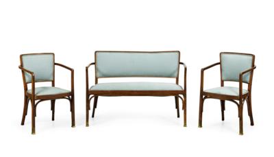 Gustav Siegel, a three-piece seating group: two armchairs, model number 719 and a settee, designed in around 1902, included in the catalogue (supplement) in 1903, executed by Jacob & Josef Kohn, Vienna - Secese a umění 20. století