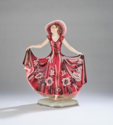 Josef Lorenzl, "Liane" (female dancer with hat, holding her dress open like the wings of a butterfly) on a rounded diamond-shaped base, model number 7581, designed in around 1936, - Jugendstil e arte applicata del XX secolo