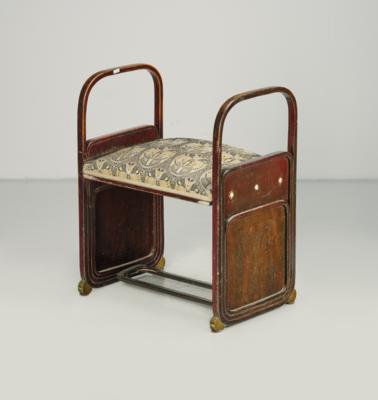 Attributed to Koloman Moser or Gustav Siegel, a causeuse (small bench or stool), model number: 413, designed in 1901, exhibitions: Museum für Kunst und Industrie, Vienna 1901, Saint Louis 1904, Milan 1906; - Secese a umění 20. století