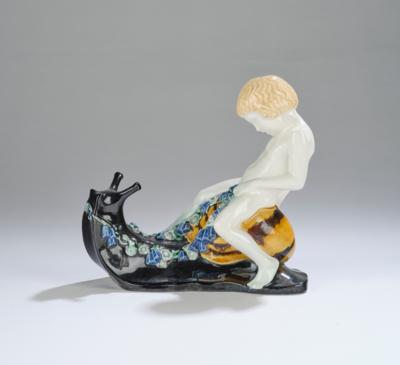 Michael Powolny, a figure astride a snail, WK model number 81, designed in around 1907, executed by Wiener Keramik, by 1912 - Secese a umění 20. století