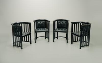 Four armchairs, attributed to Josef Hoffmann, model number 423, model 1908, added to the catalogue in 1908, produced since 1909, executed by Jacob & Josef Kohn, Vienna, and model number 1797, model 1915 - Jugendstil e arte applicata del XX secolo