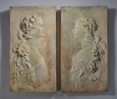 A. (or Karl) Podolak, a pair of reliefs with female figures in profile, model numbers 705 and 706, designed in around 1892/1900, executed by Wiener Manufaktur Friedrich Goldscheider, by c. 1922 - Jugendstil and 20th Century Arts and Crafts