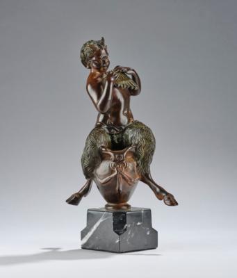 A bronze object: faun with pan flute seated on an amphora, c. 1920 - Jugendstil e arte applicata del XX secolo