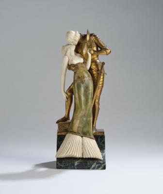 Ernst Seger (Neurode 1865-1939 Berlin), Figurengruppe eines Ritters mit Dame: "La belle dame sans merci", Deutschland, um 1925/30 - Jugendstil & Angewandte Kunst des 20. Jahrhunderts