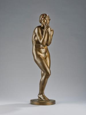 Gerhard Adolf Janesch (1860-1933), a bronze figure of a standing female nude, holding her hands in front of her mouth, c. 1900/20 - Secese a umění 20. století