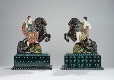 Karl Klaus, Charles Gallé and Willibald Russ, a pair of large decorative “Serapis-Fayences”: a female figure and a male figure on a horse with high pedestal, model number 1652 and 1662, executed by Ernst Wahliss, Turn, Vienna, c. 1911/12 - Jugendstil and 20th Century Arts and Crafts