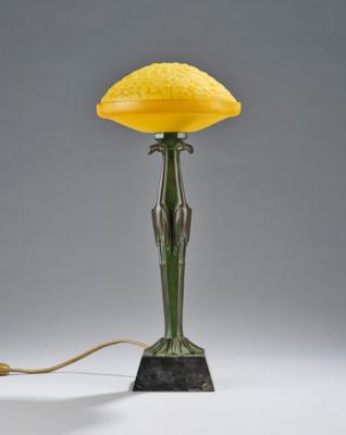 Max Le Verrier (Neuilly-sur-Seine 1891-1973 Paris), an Art Deco table lamp with four cranes and a yellow lamp shade made of pressed glass, France - Jugendstil and 20th Century Arts and Crafts