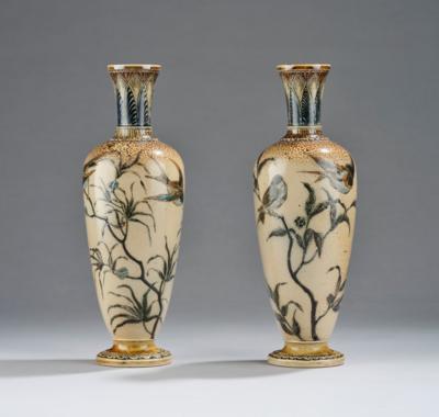 A pair of vases with flying birds and branches with perched birds, manufactured by R. W. Martin and Brothers, London, Southall - Jugendstil and 20th Century Arts and Crafts