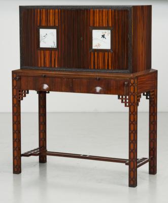 A writing cabinet with top element and Japanese-style porcelain pictures, Vienna, c. 1910/20 - Jugendstil and 20th Century Arts and Crafts