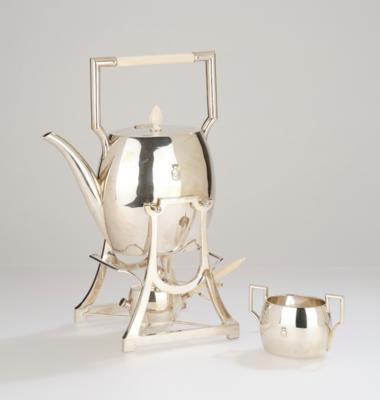 A silver tea kettle with stove and burner and a sugar bowl, Gebrüder Frank, Vienna, by May 1922 - Jugendstil e arte applicata del XX secolo