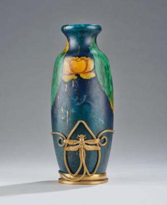 A vase with floral decoration and brass mount with dragonflies, attributed to Louis Dage, France, c. 1930 - Jugendstil e arte applicata del XX secolo