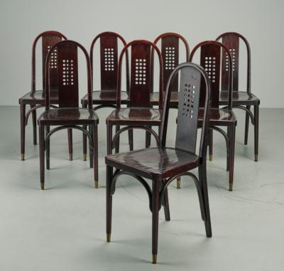 Eight chairs, attributed to Josef Hoffmann, model number 369/L4, designed in 1907-1908, produced as of 1908, added to the catalogue in 1909, executed by Jacob & Josef Kohn, Vienna - Jugendstil e arte applicata del XX secolo
