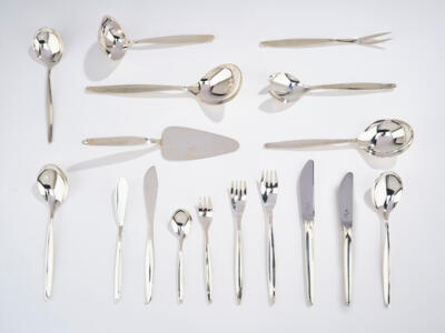 A “Stockholm” cutlery service made of 925 sterling silver, model 4100, designed by Karl Mayer, for six persons (57 parts) Württembergische Metallwarenfabrik (WMF), Geislingen, before 1955 - Secese a umění 20. století