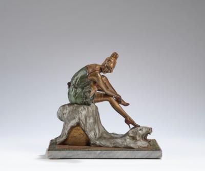 Bruno Zach (Zhytomyr 1891-1945), a female figure, putting on her shoes, sitting on a stool with bearskin, Vienna, c. 1925/30 - Secese a umění 20. století