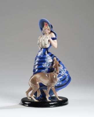 Claire Weiss (Klára Herczeg), a lady with muff, large hat and greyhound standing on an oval base, model number 7720, designed in around 1936/37, executed by Wiener Manufaktur Friedrich Goldscheider, by c. 1941 - Jugendstil and 20th Century Arts and Crafts