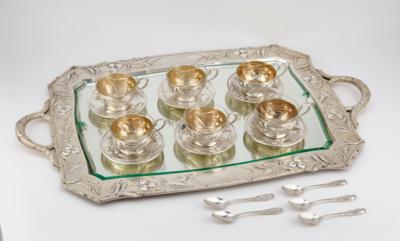 A large tray with handles, six teacups with saucers and five tea spoons with cherry decor, by Eduard Friedmann amongst others, Vienna, by May 1922 - Jugendstil e arte applicata del XX secolo