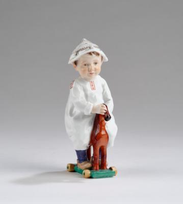 Konrad Hentschel (1872-1907), a child with newspaper cap (“Kind mit Zeitungsmütze”) riding a wooden horse, model number W 120, designed in 1905, executed by Meissen Porcelain Factory, by 1924 - Secese a umění 20. století