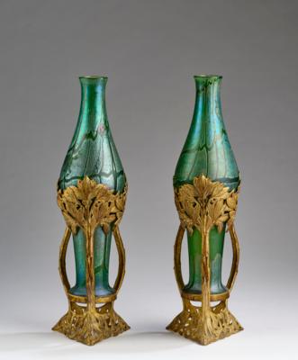 A pair of vases in gilt bronze mounts with stylised branches with leaves and berries, Johann Lötz Witwe, Klostermühle, c. 1900 - Secese a umění 20. století
