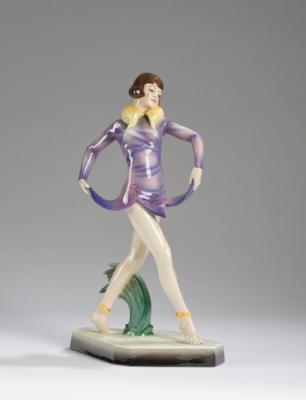 Stephan Dakon, a figurine: “Revue” (striding single figure of the “Dolly Sisters”, lifting up her short skirt) on a rectangular base, model number 5649, designed in around 1926/27, executed by Wiener Manufaktur Friedrich Goldscheider, by c. 1941 - Secese a umění 20. století